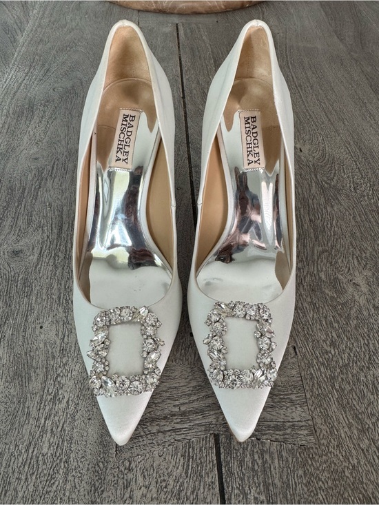 Badgley Mischka Shoes - Badgley Mischka Ivory Satin Pointed Toe Heels with Crystal Buckle- no box